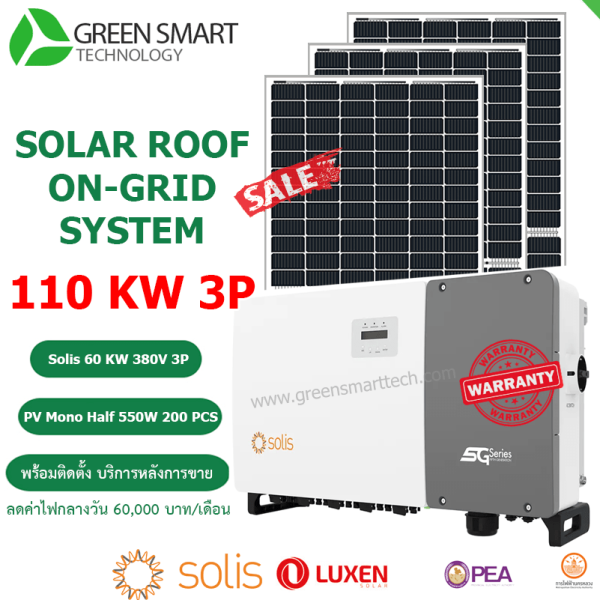 ชุดโซล่าเซลล์ ลดค่าไฟ 60000 บาท Solis 110 Kw 380V 3Phase
