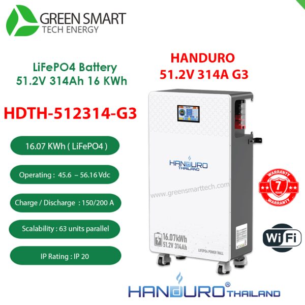 แบตเตอรี่โซล่าเซลล์ Battery Lithium  51.2V 314Ah G3 Handuro