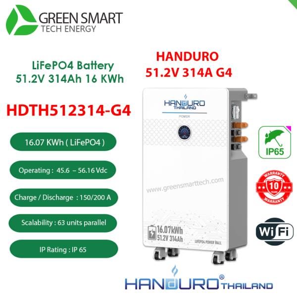 แบตเตอรี่โซล่าเซลล์ Battery Lithium 51.2V 314Ah G4 Handuro