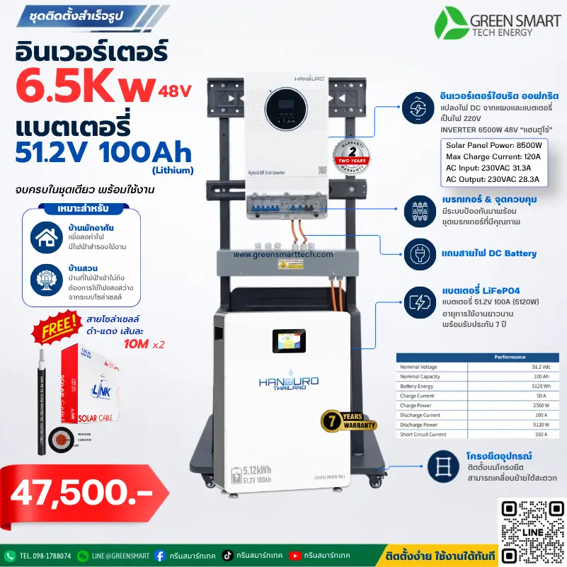 ชุดโซล่าเซลล์ บ้านสวน 6500 W 48V แบตเตอรี่ Lifepo4 100Ah  แฮนดูโร่