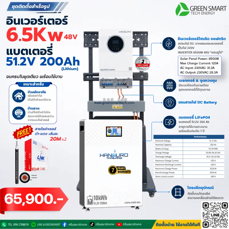 ชุดโซล่าเซลล์ บ้านสวน 6500 W 48V แบตเตอรี่ Lifepo4 200Ah  แฮนดูโร่