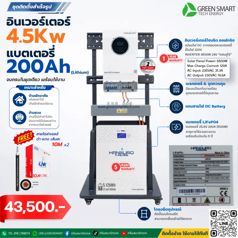 ชุดโซล่าเซลล์ บ้านสวน 4500 W 24V แบตเตอรี่ Lifepo4 200Ah  แฮนดูโร่