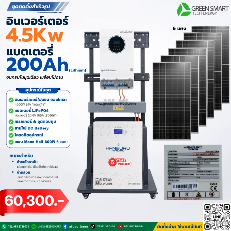 ชุดโซล่าเซลล์ บ้านสวน 4500W 24V แบตเตอรี่ Lifepo4 200Ah แฮนดูโร่