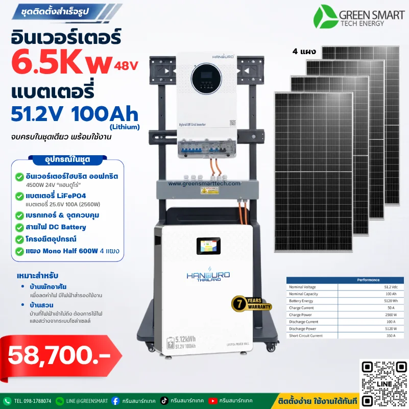 ชุดโซล่าเซลล์ บ้านสวน 6500 W 48V แบตเตอรี่ Lifepo4 100Ah แฮนดูโร่